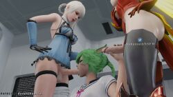 3d 3futas balls big_penis blowjob breasts darkbahamuth erect_penis erection final_fantasy final_fantasy_xiv futa_only futanari green_hair handjob intersex kaine_(nier) light-skinned_futa light_skin masturbation mercy miqo'te nier nier_replicant oral oral_sex overwatch penis standing testicles white_hair