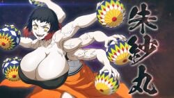 5_fingers 6_arms alternate_breast_size black_hair breasts cleavage clothing deep_cleavage demon demon_girl demon_slayer dratvan edit evil_grin fangs female female_only huge_breasts hyper hyper_breasts kimetsu_no_yaiba kimono looking_at_viewer multi_arm multi_limb pale-skinned_female pale_skin slit_pupils smile solo susamaru tubetop two_tone_hair veins veiny_muscles yellow_eyes