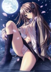 :o absurdres anna_(mirai_nostalgia) arm_support black_legwear blush breasts brown_hair cherry_blossoms female full_moon head_tilt highres koku large_breasts leg_up long_hair looking_at_viewer mirai_nostalgia moon night nipples no_bra open_clothes open_shirt outdoors panties parted_lips partially_submerged perky_breasts petals purple_eyes shiny shiny_skin shirt sitting socks underwear very_long_hair wet wet_clothes wet_panties wet_shirt white_panties wind