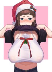 bangs blue_eyes blunt_bangs blush breasts brown_hair covered_nipples female hair_behind_ear hat highres huge_breasts lifted_by_self long_hair looking_at_viewer mole mole_under_eye mouth_hold navel nose_blush original sagging_breasts santa_hat see-through shirt_in_mouth short_bangs simple_background solo upper_body wotori