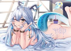 1girls big_ass big_breasts birthday blush cupcake dragon_girl flame_tail frosting gendo0032 horns light-skinned_female light_skin lying_down lying_on_bed lying_on_stomach nude nude_female solo solo_female solo_focus tail tongue tongue_out veibae virtual_youtuber vshojo white_hair wingless_dragon wink yellow_eyes