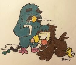 all_fours animal_crossing anthro avian beeni bird blathers_(animal_crossing) brewster_(animal_crossing) columbid doubutsu_no_mori duo male male/male master_(doubutsu_no_mori) mug nintendo nude oral owl pigeon traditional_media_(artwork) video_games