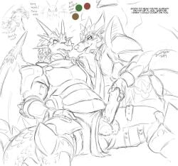 2019 acryliis_(zerofox1000) anthro armor balls big_penis blush dragon duo genitals hand_on_penis horn male male/male monochrome penis ruze scalie seductive sitting smile western_dragon zerofox1000