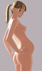 ass bangs brown_hair completely_nude early_pregnancy female female_only green_eyes hakosaku hands_on_hips light_brown_hair nude original ponytail pregnant small_breasts solo