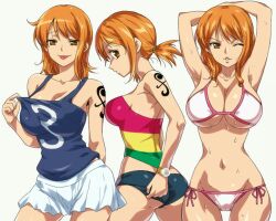 1girls big_breasts bikini breasts busty clones clothed curvy female female_only hairu nami one_piece one_piece_film_strong_world orange_hair partially_clothed seductive short_hair short_shorts shounen_jump solo tank_top tattoo wide_hips