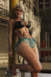 1girls 3d 3d_(artwork) abs absurd_res alternate_ass_size alternate_breast_size alternate_costume apone3d bare_legs bare_midriff bare_thighs barefoot big_breasts bra cd_projekt_red ciri deviantart_username feet female female_focus female_only fishnet_armwear green_eyes jean_shorts light-skinned_female light_skin looking_away muscular_female nipple_bulge painted_nails painted_toenails panty_peek ripped_clothing scar shorts silver_hair solo solo_female solo_focus suspenders the_witcher_(series) the_witcher_3:_wild_hunt thick_ass thick_thighs thighs tied_hair toes toned_female white_hair