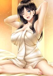 armpit arms_behind_head arms_up barefoot big_breasts black_hair blue_eyes cleavage dark_hair female female_only hands_behind_head lioreo long_hair one_eye_closed open_mouth original sitting smile solo toenail_polish towel