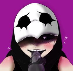 devious_smile disembodied_penis fellatio freckled_skin glowing_eyes grey_tongue heart-shaped_pupils long_tongue oral plague_doctor pov precum purple_background saliva seductive_look white_mask younger_female