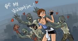 au_(artist) boli-blog breast exposed_breast gun jill_valentine jill_valentine_(julia_voth) nipple resident_evil shirt_pull skirt tubetop valentine's_day white_panties zombies