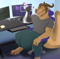 2022 3_toes 4_fingers anthro big_bulge bionic_arm bionics brown_body brown_skin bulge chair claws clothed clothing cybernetic_arm cybernetic_limb desk digital_media_(artwork) digitigrade dragon feet fingers furniture hi_res horn huge_bulge hyper hyper_bulge javascript looking_at_viewer male monitor muscular muscular_male nantangitan office office_chair on_chair open_mouth pig_(artist) programming purple_claws purple_eyes shirt sitting sitting_on_chair smile smiling_at_viewer solo spines stripes t-shirt table toes topwear vscode wings