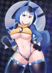 breasts cosplay female game_freak hoodie lucario_(cosplay) nintendo paw_gloves pokemon pokemon_(cosplay) red_eyes solo solo_female underboob white_hair xiaodi