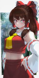 1girls 2022 ascot bangs bare_shoulders belly belly_button blunt_bangs blurry blurry_background blush bow breasts brown_hair chest_sarashi closed_mouth cowboy_shot crop_top cropped_shirt cute detached_sleeves eyelashes feet_out_of_frame female female_only frilled_bow frilled_hair_tubes frilled_ribbon frills hair_between_eyes hair_ornament hair_ribbon hair_tubes hands_on_hips hizake kashu_(hizake) lens_flare light-skinned_male light_blush light_skin linea_alba long_sleeves medium_breasts medium_hair midriff navel nontraditional_miko outdoors pout red_eyes red_ribbon red_shirt red_skirt reimu_hakurei ribbon sarashi shiny_hair shiny_skin shirt sidelocks skirt sleeveless sleeveless_shirt solo solo_female thin_waist tied_hair touhou wide_eyed wide_sleeves