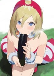 1girls 5_fingers blonde_hair blowjob blue_eyes blush bracelet bracelets fellatio female female_only headband headwear holding_object human iku_(ikuchan_kaoru) irida_(pokemon) light-skinned_female looking_at_viewer looking_up necklace nintendo oral petite pokemon pokemon_legends:_arceus red_clothing red_headband red_headwear small_breasts solo solo_female