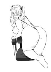 ass_focus backboob bbw big_ass big_breasts blush cor369 female female_only finger_to_mouth line_art looking_at_viewer looking_back monochrome original plump sling_bikini smile solo swimsuit twintails