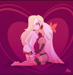 2girls blonde_hair bowtie charlie_morningstar_(hazbin_hotel) cholera grey_skin hazbin_hotel heart jizzytwilight legwear long_hair multiple_girls straight_hair striped_legwear thighhighs topless undressing_another vaggie_(hazbin_hotel) valentine's_day white_hair white_skin wholesome yuri