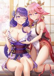 2girls absurdres arus bangs bare_shoulders belly_button blush breast_grab breast_squeeze breasts cleavage collarbone detailed_background female genshin_impact grabbing_breasts grabbing_from_behind hair_between_eyes hair_ornament hand_on_breast highres hips huge_breasts kimono kimono_down kitsune kneeling large_breasts lesbian long_hair looking_at_partner looking_at_viewer mole mole_under_eye on_knees one_eye_closed pink_hair purple_eyes purple_hair raiden_shogun shiny_skin shoulders sideboob sitting slim_waist small_waist smile thick thick_thighs thighs vision_(genshin_impact) waist wide_hips yae_miko yuri