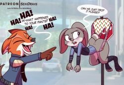 anthro ass big_butt big_ears blush canid canine clothing dialogue disney duo female fox gesture grey_body hanging_wedgie hi_res judy_hopps lagomorph laugh laughing_at leporid male mammal nick_wilde orange_body panties pointing police_uniform purple_eyes rabbit semidraws shortstack speech_bubble stop_sign unamused uniform wedgie zootopia zootropolis