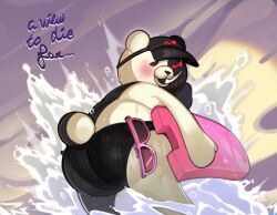 1boy 2021 anthro ass black_body black_eyes black_nose black_speedo blush butt clothing danganronpa eyewear eyewear_removed furry genetic_chimerism grin highres looking_at_viewer looking_back male male_only mammal mangneto mngnto monokuma multicolored_body red_eyes smile smooth_skin solo speedo standing sunglasses sunglasses_removed swimwear teeth text two_tone_body ursid water white_body