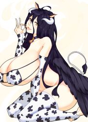 1girls 47_hard albedo_(overlord) big_breasts bikini breasts cow_bikini cow_ears cow_horns cow_print cow_tail cowbell demon_girl eyepatch_bikini female female_only horns huge_breasts legwear overlord_(maruyama) succubus thick_thighs thighhighs thighs