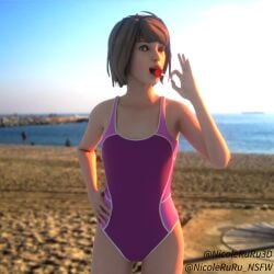 1girls 3d 3d_(artwork) beach blender_(software) blue_eyes brown_hair female female_only fully_clothed life_is_strange lollipop max_caulfield one-piece_swimsuit one_eye_closed public ruru3dx solo swimsuit wink