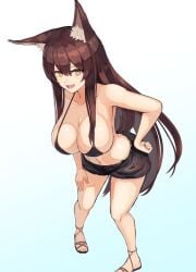 animal_ear_fluff animal_ears bangs bikini bikini_top_only black_bikini black_shorts breasts brown_hair commentary dog_ears dog_girl dog_tail eyebrows_visible_through_hair female female gradient gradient_background hair_between_eyes hand_on_hip hand_on_own_thigh highres large_breasts leaning_forward long_hair looking_at_viewer micro_bikini moppo navel original sandals short_shorts shorts solo standing swimsuit tail very_long_hair yellow_eyes