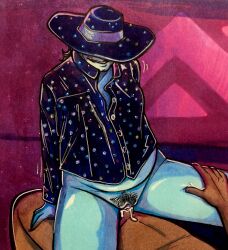 1boy 1cuntboy absurd_res blue_skin chubby clothed cowgirl_position cum cum_in_pussy cum_inside cuntboy cuntboy/male dark-skinned_male dark_skin duo half-dressed hat hi_res intersex mister_qi obscured_eyes on_back on_top pubic_hair pussy sex smile stardew_valley theatrebag traditional_media_(artwork) vaginal vaginal_sex