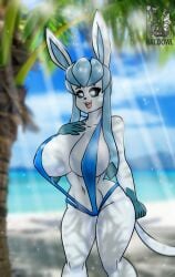 2019 4_fingers absurd_res anthro anthrofied beach big_breasts bikini breasts clothing cloud day eeveelution female fingers fur furry furry_only glaceon haloowl hi_res large_breasts looking_at_viewer navel nintendo open_mouth outside palm_tree plant pokémon_(species) pokemon pokemon_(species) seaside sky sling_bikini solo standing swimwear tail thick_thighs tongue tree video_games water