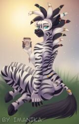 2022 5_fingers anthro areola breasts digital_media_(artwork) equid equine eyebrows eyelashes female fingers green_eyes hooves imanika mammal nipples nude solo zebra