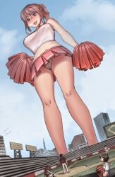 6+boys baseball baseball_bat baseball_cap cameltoe cheerleader female giant giantess hat highres kkasi00 multiple_boys pink_hair ponytail short_hair skirt