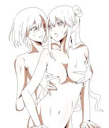 2girls breast_grab breasts code_geass code_geass:_boukoku_no_akito female fondling fondling_breast hair_bun hair_ornament kousaka_ayano leila_(code_geass) leila_malcal long_hair medium_breasts multiple_girls nude sweat twin_buns wet yuri