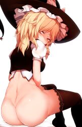 ass back blonde_hair blush bow breasts closed_mouth eyebrows_visible_through_hair female frills hagure_kedama hat highres long_hair looking_at_viewer looking_back marisa_kirisame puffy_short_sleeves puffy_sleeves short_sleeves simple_background sitting solo touhou undressing white_background witch_hat