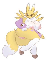 1girls armwear ass big_breasts blue_eyes breasts clothing digimon female fur furry furry_only gloves hyattlen looking_at_viewer mostly_nude nude pussy renamon simple_background solo tail white_fur yellow_fur yin_yang