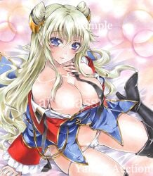 1girls artist_name at_classics bangs black_footwear blonde_hair blush boots breasts cleavage closed_mouth code_geass code_geass:_boukoku_no_akito eyebrows_visible_through_hair groin hair_between_eyes hair_bun hair_cones hair_ornament hand_on_own_face large_breasts leila_(code_geass) leila_malcal long_hair long_sleeves looking_at_viewer military_uniform off_shoulder panties purple_eyes sample_watermark sidelocks sitting solo thigh_boots traditional_media twin_buns underwear watermark white_panties yokozuwari