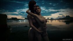 3d areolae breasts brown_hair cd_projekt_red cyberpunk_2077 female female_only holding holding_crotch holopointz judy_alvarez lake light-skinned_female naked nipples no_clothes nude outdoor_nudity petite purple_hair sunset tattoos thighs v_(cyberpunk_2077) valerie_(cyberpunk_2077) yuri