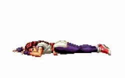 animated ass brown_hair invisible_man king_of_fighters laying_down m.u.g.e.n molestation panties pants pants_down pants_pull pixel_art red_panties shirt_lift sneakers snk teramussa thong thong_panties tights unconscious yoga_pants yuri_sakazaki