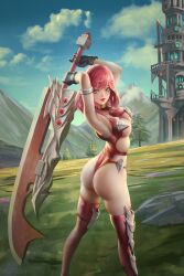 1girls armband ass big_sword bikini_armor bob_cut boobs_and_butt_pose breasts building detailed_background female female_only field gloves gnuttt green_eyes hi_res human lipstick looking_at_viewer pink_hair sky sword thighhighs underboob