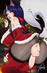 1futa ahri anus back_view balls blush breasts christmas christmas_outfit clothed clothing cock-tail dickgirl erection futa_balls futa_only futa_sans_pussy futanari horny huge_breasts humanoid humanoid_penis intersex inviting kemonomimi kneeling league_of_legends light-skinned_futanari light_skin long_fingernails looking_at_viewer looking_back male_focus mistletoe mostly_clothed pale-skinned_futanari pale_skin penis presenting solo solo_futa tail taint xinaelle