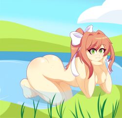 1girls all_fours ass barefoot breasts bubble_butt butt casual casual_nudity cloud completely_nude completely_nude_female cute doki_doki_literature_club female female_only full_body grass hands_under_chin just_monika lake limbros monika_(doki_doki_literature_club) naked naked_female nipples nude nude_female on_knees outdoors outside sky smile smiling solo solo_female tagme wholesome