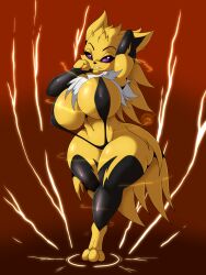 big_breasts breasts edit eeveelution female jolteon nintendo pokémon_(species) pokemon solo stockings suirano tagme third-party_edit