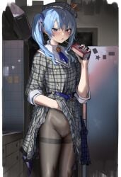 1girls apple_juice aqua_eyes backstage belt black_legwear black_pantyhose blue_eyes blush cameltoe crown displeased dress dress_lift drinking earrings eredhen eyelashes female female_only fingerless_gloves hairless_pussy hat highres holding_juice_box hololive hololive_japan hoshimachi_suisei idol indoors juice_box legwear light-skinned_female light_skin looking_at_viewer medium_hair nail_polish narrowed_eyes no_panties pantyhose shaved_pussy side_ponytail skirt_lift solo standing uniform virtual_youtuber