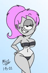 1girls 2022 4_fingers arms_behind_head big_ass big_breasts black_eyes breasts burtonberg cute cyclops female female_only freckles grey_skin gris_swimsuit looking_at_viewer meme montatora-501 omegusmaximus original_character pink_hair sharp_teeth simone_pazookie_(montatora-501) solo solo_female thick_thighs