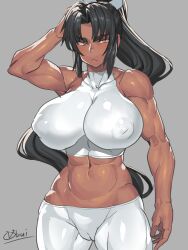 abs cleavage dark-skinned_female eyebrows female female_only large_breasts mirabell_bell muscular muscular_female obui skintight solo solo_female stern_expression taimanin_(series) thunder_thighs toned_arms yoga_pants