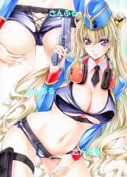 1girls ass ass_cleavage bikini bikini_top_only blonde_hair blush breasts butt_crack cameltoe cleavage cleft_of_venus clothing_cutout code_geass detached_collar detached_sleeves double_bun garrison_cap gun hair_bun hair_ornament hand_on_own_ass hat headphones headphones_around_neck headset holding holding_gun holding_weapon leg_cutout leila_malcal long_hair looking_at_viewer medium_breasts midriff multiple_views navel necktie purple_eyes purple_hair short_shorts shorts smile swimsuit thigh_strap thumb_in_beltline twin_buns weapon white_background yqgkg