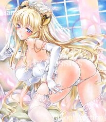 1girls ass at_classics bare_shoulders blonde_hair blue_eyes blush breasts chair code_geass dress elbow_gloves garter_straps gloves hair_bun hair_cones hair_ornament lace lace-trimmed_legwear lace-trimmed_socks lace-trimmed_thighhighs lace_trim large_breasts leila_malcal long_hair looking_at_viewer medium_breasts panties panty_pull presenting presenting_hindquarters sample_watermark sideboob socks solo thigh_socks thighhighs twin_buns underwear undressing veil very_long_hair wedding_dress white_gloves white_legwear white_panties white_socks window