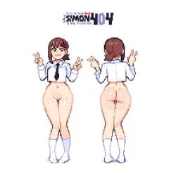 artist_name ass black_necktie bottomless breasts brown_eyes brown_hair chainsaw_man collared_shirt commentary crop_top double_v english_commentary female hair_ornament hairclip higashiyama_kobeni highres looking_at_viewer multiple_views navel necktie open_mouth pixel_art ponytail pussy shirt short_ponytail sim0n404 simple_background single_sidelock thigh_gap v white_background white_shirt wide_hips