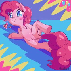 <3_eyes bodily_fluids equid equine equine_anus featureless_feet featureless_hands female feral friendship_is_magic genital_fluids genitals headhazed heart hi_res horse looking_at_viewer lying mammal my_little_pony nude on_side pinkie_pie_(mlp) pony pubes pussy pussy_juice raised_leg smile solo squish thigh_squish