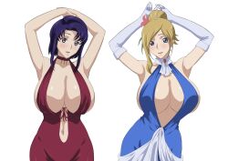 2girls arms_up big_breasts blonde_hair blue_eyes blush cecile_croomy cleavage code_geass dress duo female female_only halter_dress halterneck huge_breasts iwao178 large_breasts milly_ashford no_bra party_dress skimpy_clothes smile tagme upper_body