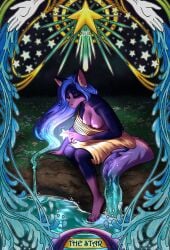 4322chan anthro art_nouveau blue_hair breasts canid canine canis card closed_eyes clothed clothing detailed_background female flower fortune_telling fur hair hi_res holding_object lakeside major_arcana mammal nipples partially_clothed plant purple_body purple_fur solo star tarot tarot_card the_star_(tarot) waterfall wolf