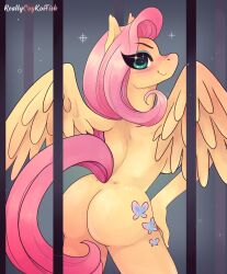 anthro ass bars breasts cage cutie_mark equid equine female fluttershy_(mlp) friendship_is_magic hair_on_head hi_res looking_at_viewer looking_back mammal my_little_pony nude pegasus raised_tail reallycoykoifish rear_view side_boob smile solo sparkling_eyes spread_wings wings