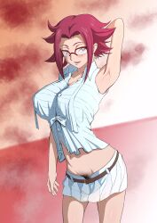 1girls arm_up armpits breasts clothed code_geass female glasses iwao178 kallen_stadtfeld large_breasts no_panties pubic_hair pubic_hair_peek skirt solo standing tagme